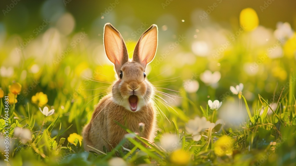 Na obrazie widać królika wielkanocnego siedzącego na trawie z otwartą gębą, wyglądającego na zaskoczonego lub gotowego do zjedzenia czegoś. - obrazy, fototapety, plakaty 