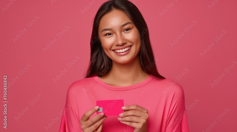 photorealistic image of a smiling woman in a plain pink holding a debit card photorealistic image of a smiling woman in a plain pink holding a debit card