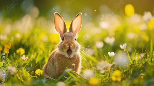 Na obrazie widać królika wielkanocnego siedzącego na trawie z otwartą gębą, wyglądającego na zaskoczonego lub gotowego do zjedzenia czegoś. #760436831
