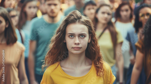 Portrait of a young teenager girl looking lost in the midst of a group of other teens of her age , difficulty to integrate in a group concept image © Keitma