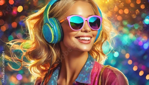 beautiful blond woman smiling with colorful headphones and sunglasses
