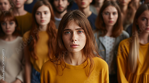 Portrait of a young teenager girl looking lost in the midst of a group of other teens of her age , difficulty to integrate in a group concept image