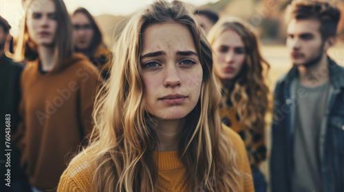 Portrait of a young teenager girl looking lost in the midst of a group of other teens of her age , difficulty to integrate in a group concept image photo