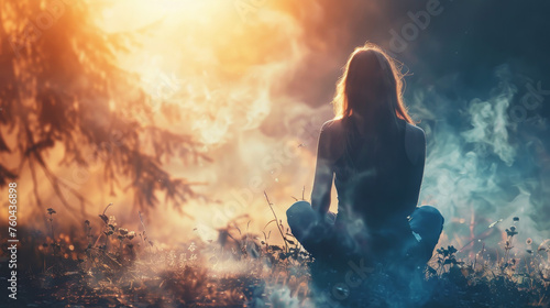 Visualization of a young woman doing calming techniques outdoor for anxiety