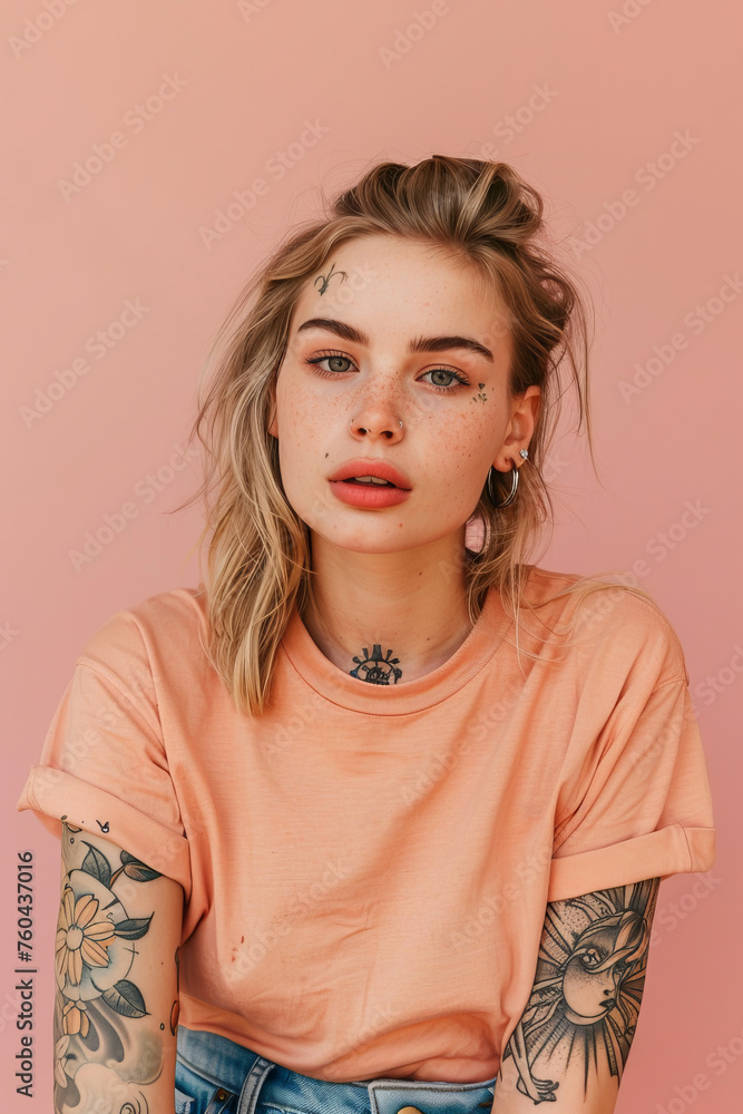 Young beautiful blonde hair tattooed woman wearing a summer orange colored t-shirt on light pink color background Young beautiful blonde hair tattooed woman wearing a summer orange colored t-shirt on light pink color background