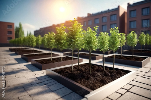 Planted young sapling of trees in an urban environment on territory of house. Background for gentrification of city. Concept of landscaping, nature, environment and ecology. Copy space © Alex Vog