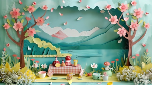 Wiosenna piknikowa scena wycięta z papieru, przedstawiająca kosze piknikowe oraz drzewa. photo