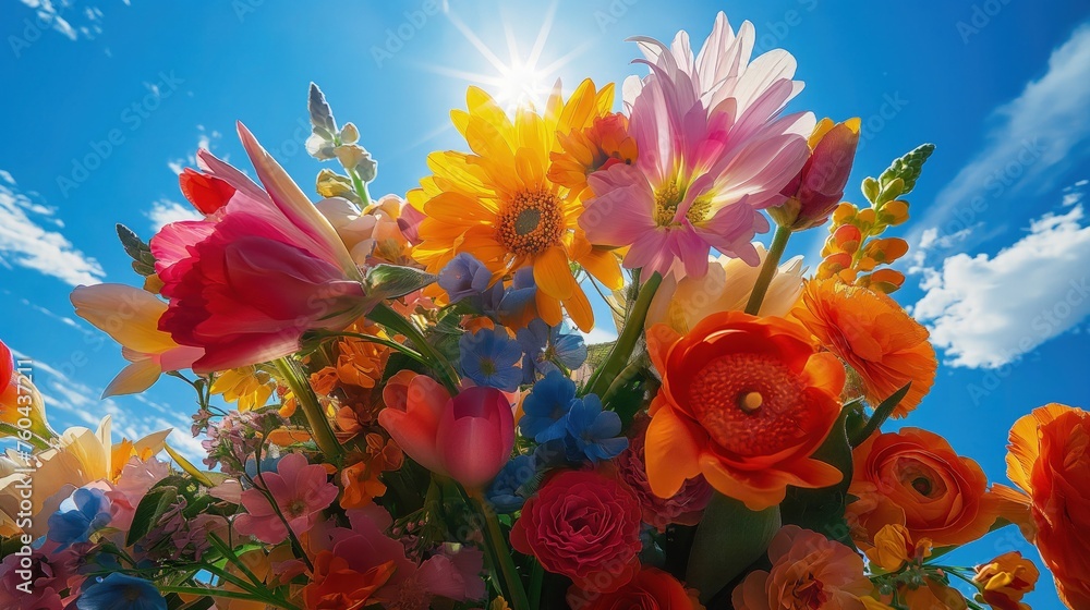 Bukiet kwiatów wzniesiony w niebo na tle słońca. Kwiaty są różnorodne i kolorowe, tworzą wiosenną kompozycję. - obrazy, fototapety, plakaty 