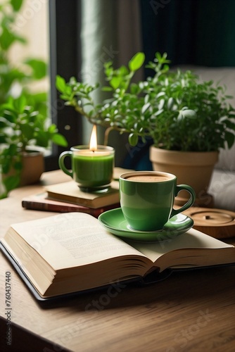 coffee placed on the center of coffee table, warm cup feelings , wood coffee table , opened book, small green plants