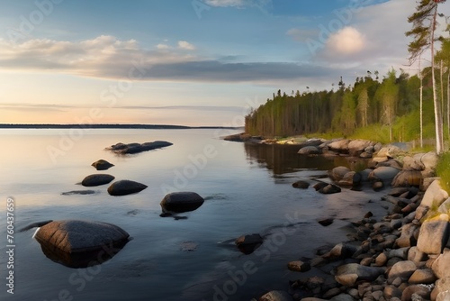 Russia, Karelia, Lake Ladoga, Koyonsaari. View of the coast of the island in a cold lake. Beautiful nature of the Republic of Karelia. Stunning panoramic view of the Ladoga Skerry Islands Generative A photo