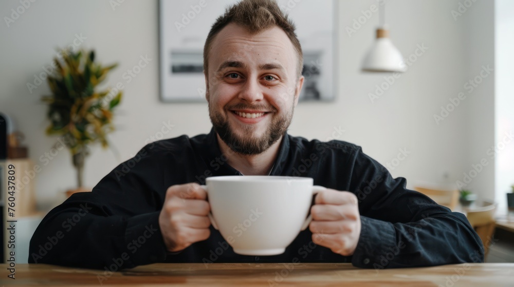 smiling man with a big smile in a modern light interior sits at the table and holding a very large white cup of coffee smiling man with a big smile in a modern light interior sits at the table and holding a very large white cup of coffee