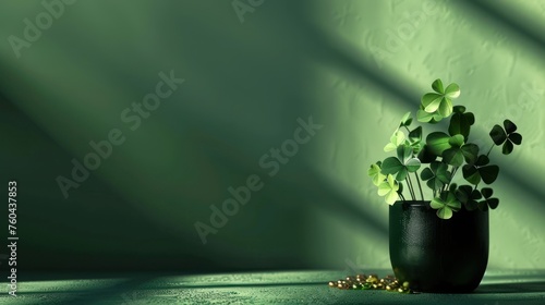Solid dark green background with lots of free space with a bit of a realistic small photo of Cloverleaf photo