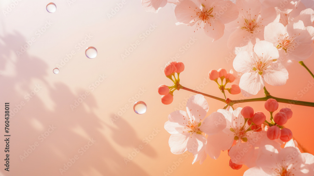 Background mockup with bubbles floating among delicate white cherry blossoms, illuminated by soft, warm light. Wallpaper concept for demonstrating a product or advertising. Generated AI.