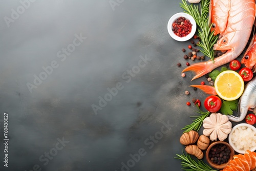 top view of seafood with copy space for text. Food background for stock photography - generative ai © Nia™