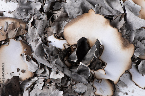 pile of burnt paper ashes on white background.  © zhikun sun