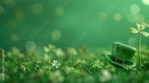 Solid green background with lots of free space with a bit of a realistic small photo of Cloverleaf  photo