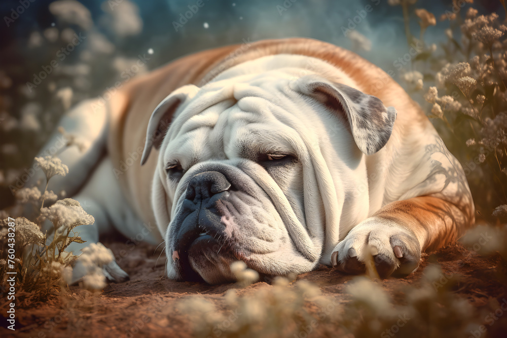 Sleeping English Bulldog. Cute dog sleeps and dreams.