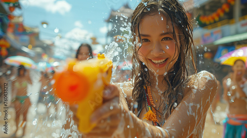 A delighted young girl partakes in the lively street festivities of Thailand's Songkran Festival, engaging in a playful water fight with a water gun. © feeling lucky