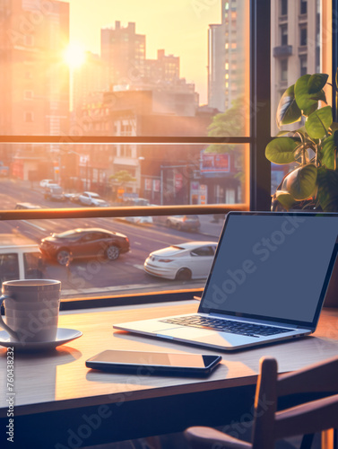 Coworking with desktop with laptop, coffee cup and plant in front of a window in a big city with morning sunlight. Generative AI.