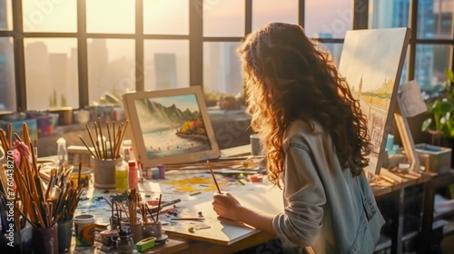 A woman artist stands at a table with an easel with a brush in her hand and paints a bright cityscape on canvas against the backdrop of a window with sunset light. Generated AI