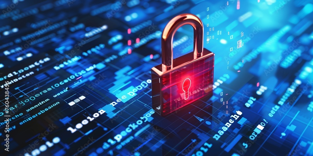 digital padlock with binary code on a blue abstract background of cyber ...