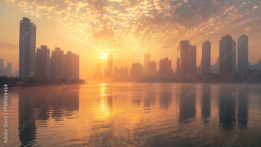 Golden Hour in the Metropolis: An Asian Cityscape at Sunset