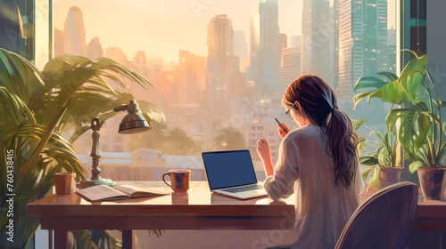 A woman absorbed in work, surrounded by plants, with a window, works at home overlooking the cityscape. Illustration of a home cozy office with the concept of work-life balance. Generated AI photo