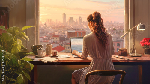 A woman absorbed in work, surrounded by plants, with a window, works at home overlooking the cityscape flooded. Illustration of a home cozy office with the concept of work-life balance. Generated AI photo