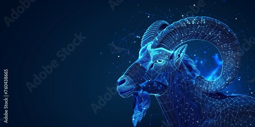 Isolated on dark blue, futuristic glowing low polygonal goat, mouflon portrait, and Capricorn