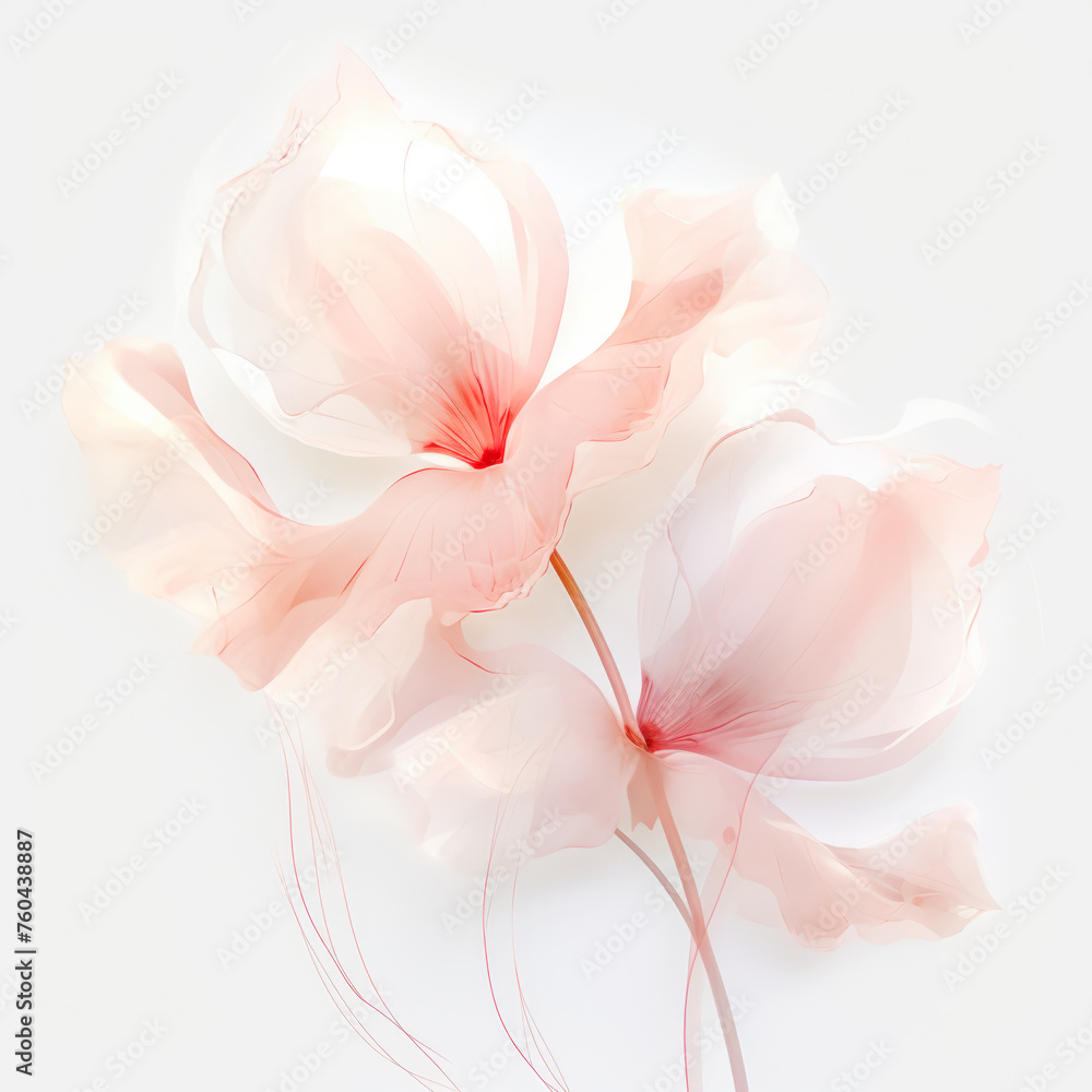 A composition of delicate transparent pink flowers, with smooth lines in a modern style on a white background. Concept for postcard or invitation layout. Generated AI