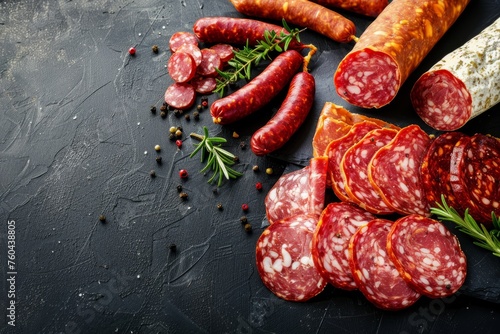 Variety of Gourmet Spanish Salami on Black, Space for Text