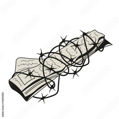 Freedom Speach concept. Newspaper wrapped with barbed wire isolated white background. Independent media logo. Vector illustration can used web banner  flyer  poster design. EPS 10 