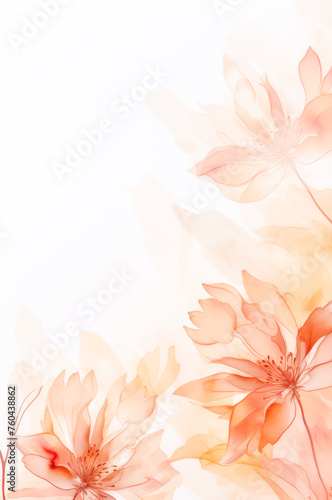 A composition of delicate flowers and peach-colored leaves, with smooth lines in a watercolor style on a light background. Concept for postcard or invitation layout. Generated AI.