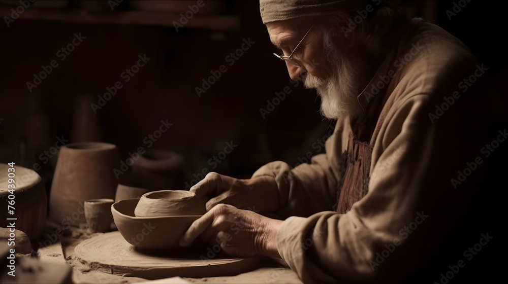 Senior man craftsman working on pottery wheel while sculpting from clay pot background workshop. Generation AI Senior man craftsman working on pottery wheel while sculpting from clay pot background workshop. Generation AI