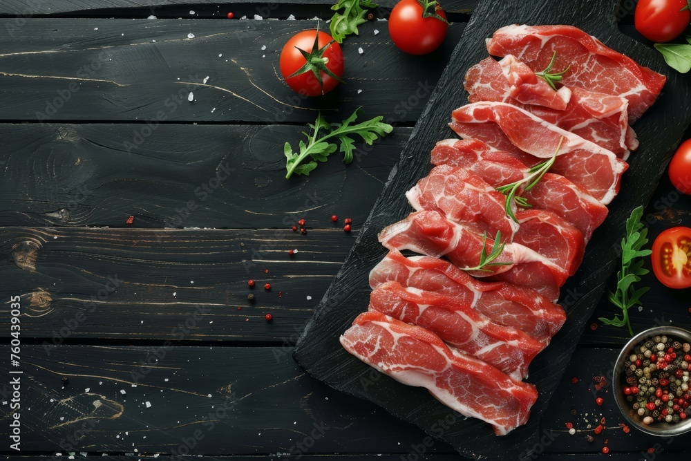Top View of Sliced Raw Pork on Dark Rustic Background
