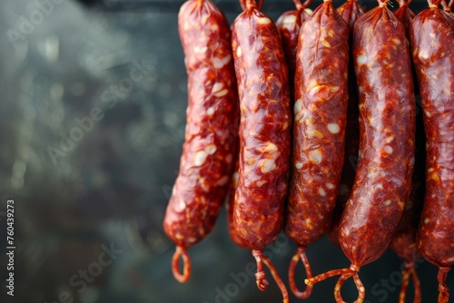 Close-Up of Spanish Chorizo and Longaniza Hanging on a Black Textured Background