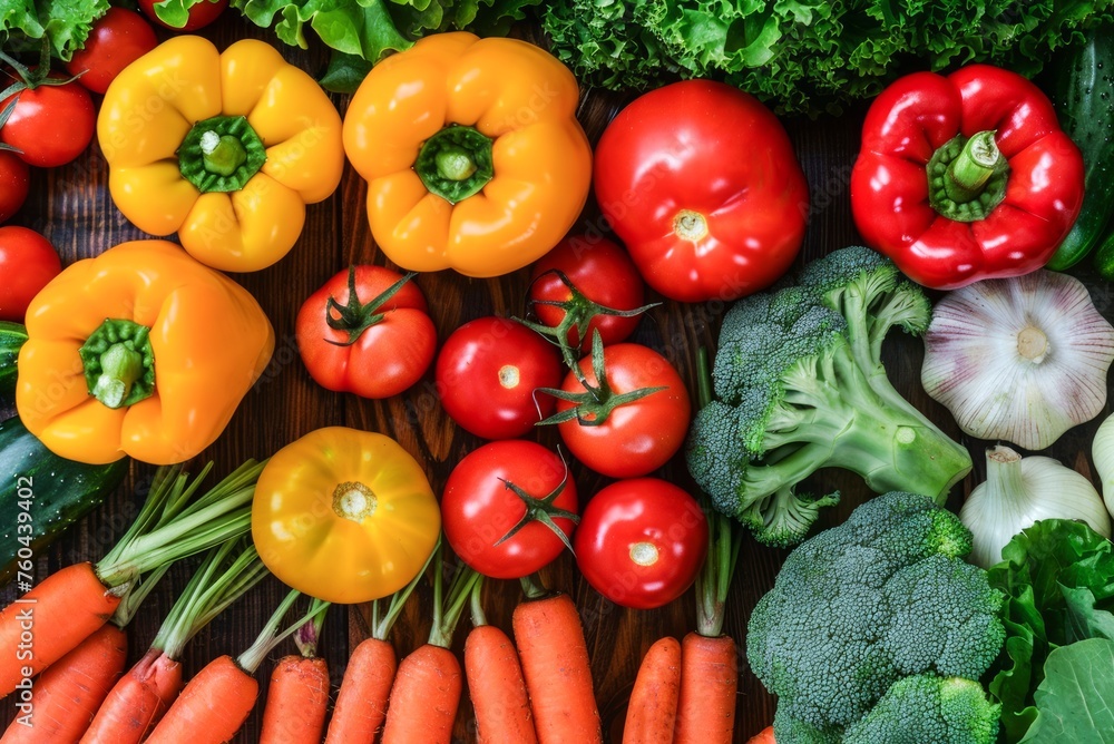 Variety of Fresh Vegetables Arranged on a Dark Wooden Surface Variety of Fresh Vegetables Arranged on a Dark Wooden Surface