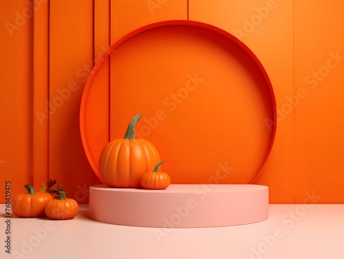 Base Podium, Orange Background, Orange Room, With A Halloween Pumpkin On The Side, Orange Wall photo