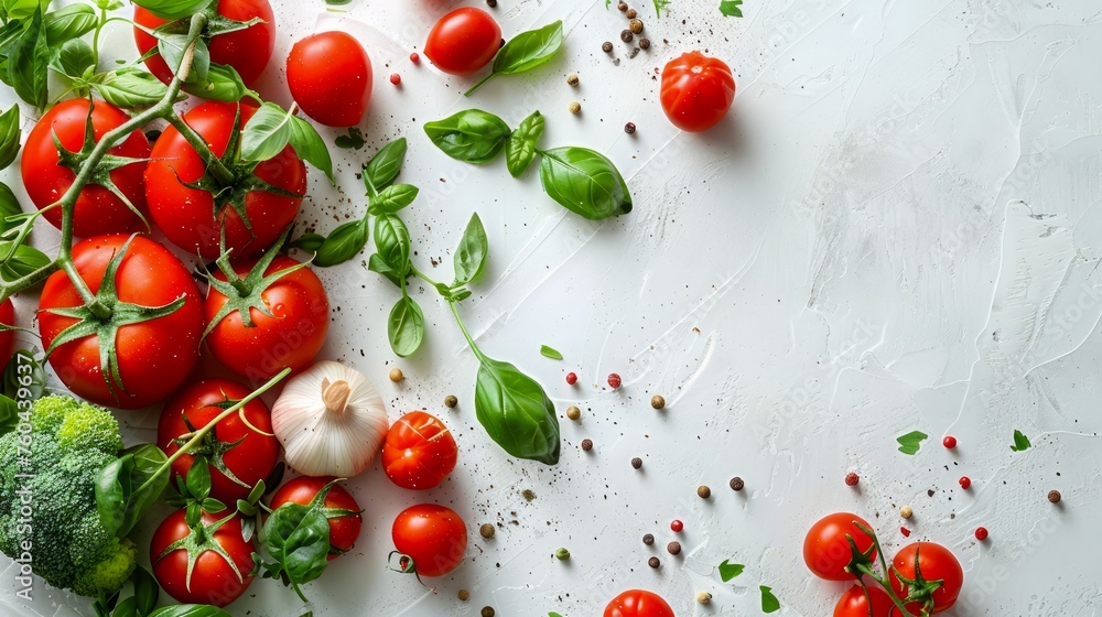 Fresh Cherry Tomatoes on Vine with Basil Leaves and Garlic on White Textured Background for Healthy Food Concept Fresh Cherry Tomatoes on Vine with Basil Leaves and Garlic on White Textured Background for Healthy Food Concept