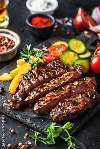 Succulent Grilled Steak Seasoned With Herbs and Spices Surrounded by Vegetables on a Dark Table