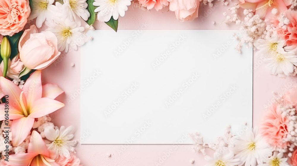 Frame of different flowers around a blank white card or piece of paper on a pink background. Layout concept for invitation or announcement design. Generated AI.