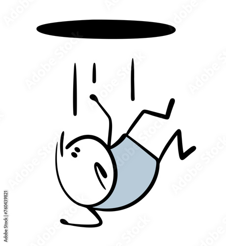 Unfortunate stickman falls out of black hole in ceiling. Vector illustration of boy flying down. Cartoon sudden obstacle in way. Unexpected problem. Isolated problem person on white background.