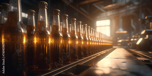 Glass bottles of beer on brewery plant production line, banner dark background with sun light