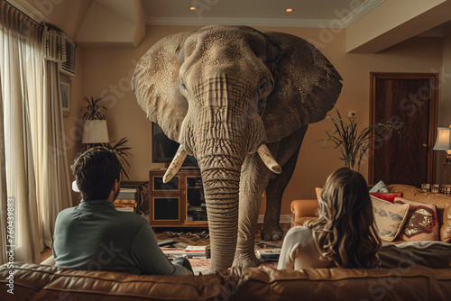 Addressing the elephant in the room concept, a couple sitting in the living room together avoiding a difficult conversation photo