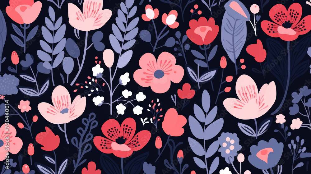 Wildflowers and leaf pattern on a dark background in watercolor style. Generated AI. Illustration for design, postcard or print. Wildflowers and leaf pattern on a dark background in watercolor style. Generated AI. Illustration for design, postcard or print.
