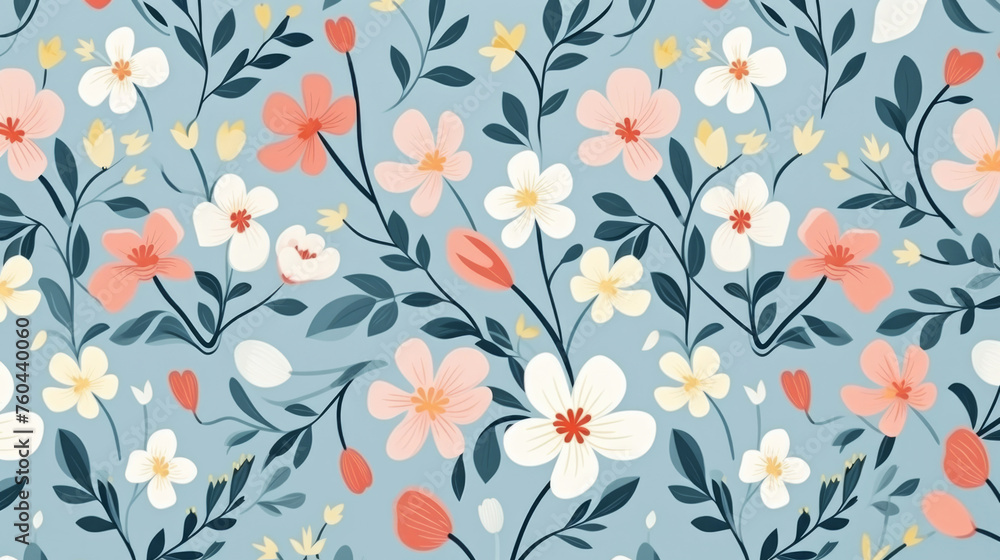 Wildflowers and leaf pattern on a light blue background in watercolor scandinavian style. AI generated. Flat illustration for design, postcard or print. Wildflowers and leaf pattern on a light blue background in watercolor scandinavian style. AI generated. Flat illustration for design, postcard or print.