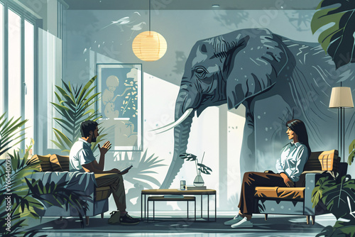 Addressing the elephant in the room concept, a couple sitting in the living room together avoiding a difficult conversation photo