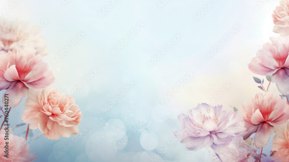 A delicate frame of different flowers, complemented by a pastel gradient background. Generated AI. Layout concept for invitation or announcement design.