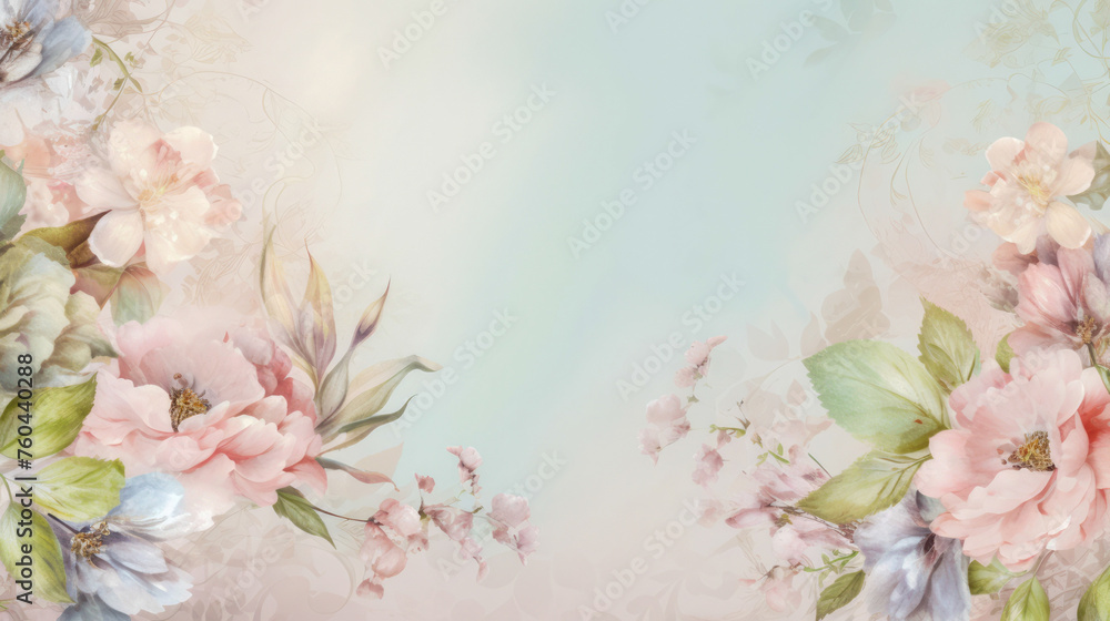 A delicate frame of different flowers, complemented by a pastel gradient background in a vintage style. Generated AI. Layout concept for invitation or announcement design. A delicate frame of different flowers, complemented by a pastel gradient background in a vintage style. Generated AI. Layout concept for invitation or announcement design.