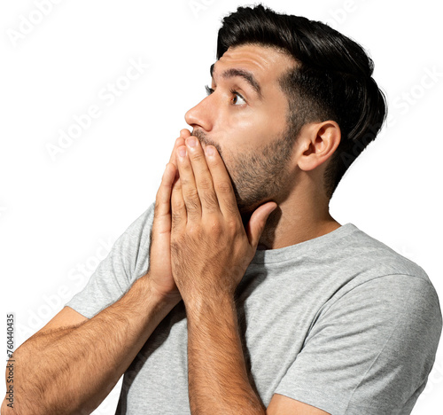 Surprised beard Caucasian man with hands covering mouth PNG file no background 